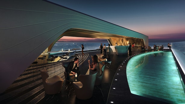 Un bar moderno en la azotea con piscina, zonas de estar y vistas a la ciudad al atardecer.