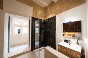 Shower, hair dryer, towels, shampoo