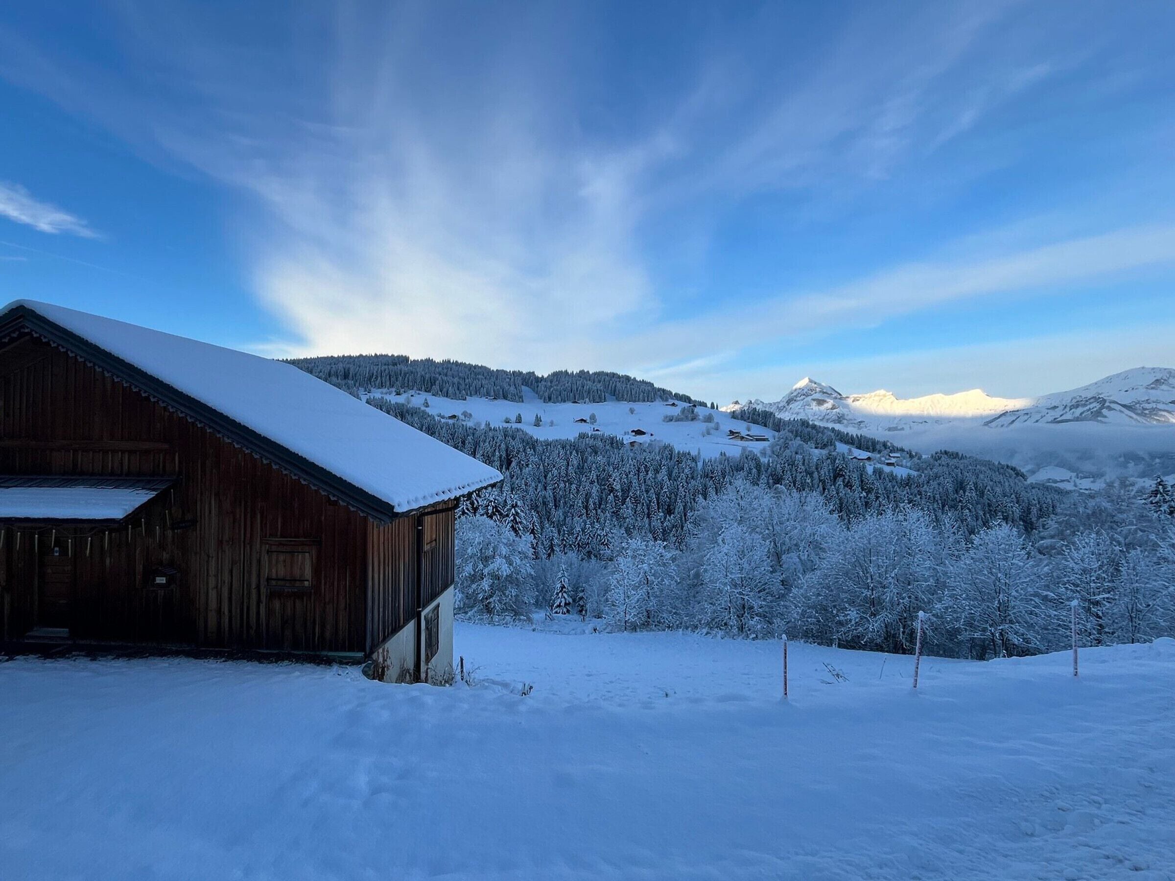 A wooden cabin with a snow-covered roof, surrounded by a snowy landscape and a mountain range in the background.