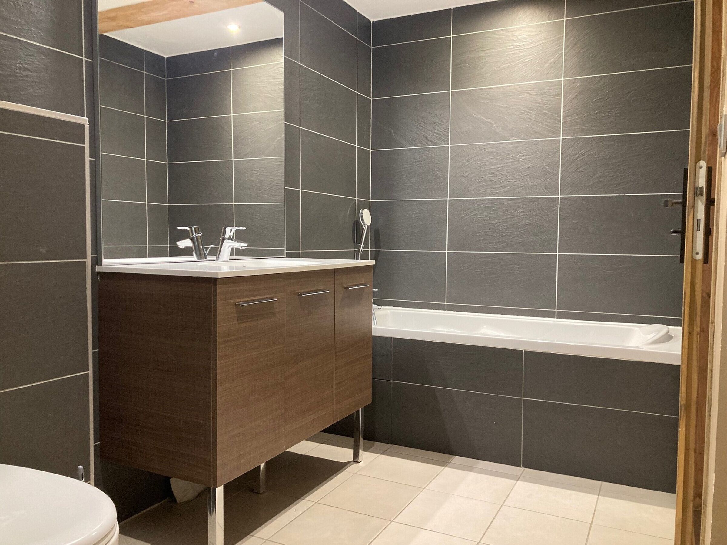 Une salle de bain moderne avec des carreaux foncés, un meuble-lavabo en bois, une baignoire blanche et des toilettes.
