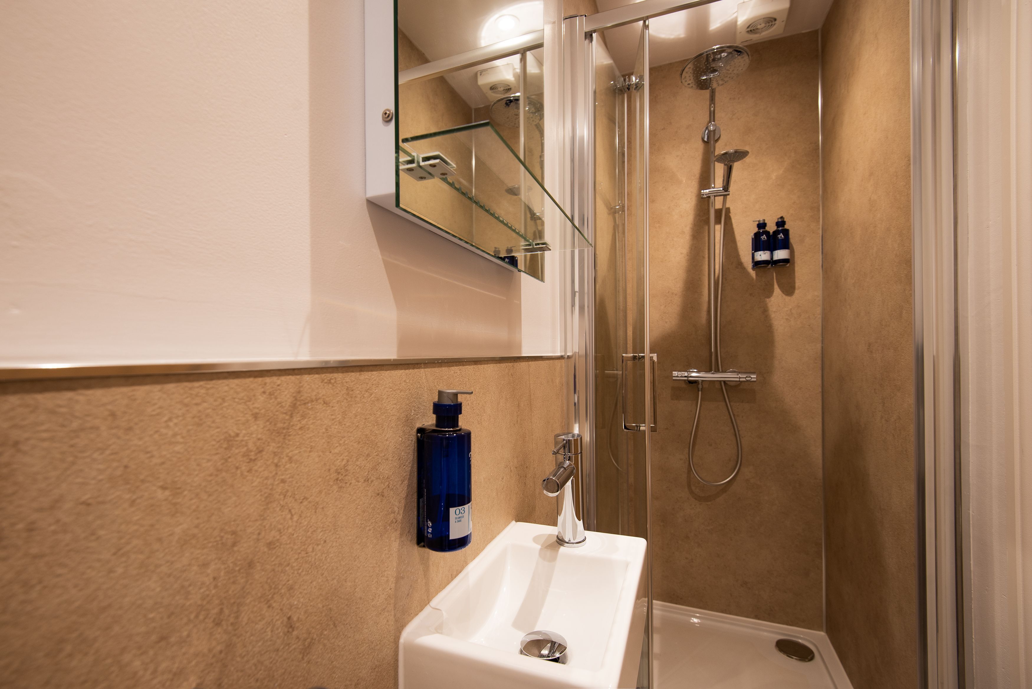 Une salle de bain avec une douche à parois de verre, un lavabo blanc et un miroir au-dessus.