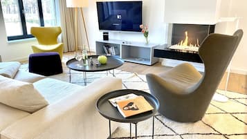 Fernseher, Kamin, Bücher, Videothek