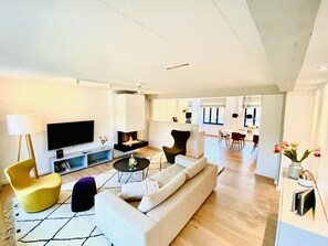 Televisión, chimenea, libros y videoteca 