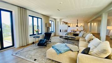 TV, fireplace, table football, books