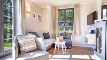 Télévision, cheminée, table de tennis de table, livres