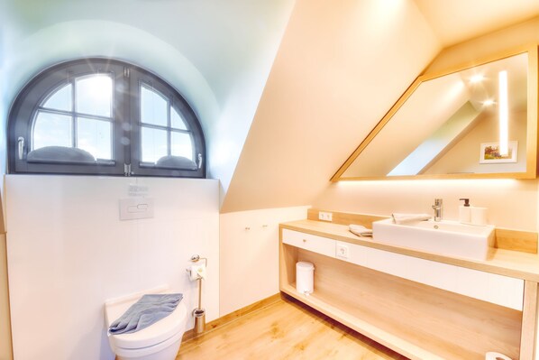 Une salle de bain moderne dotée d’un puits de lumière, d’un meuble-lavabo en bois, d’un évier et de toilettes.