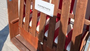 Un banc en bois avec une pancarte indiquant « marepineta » et « Meer & Kiefern in der Profosor Wiek ».