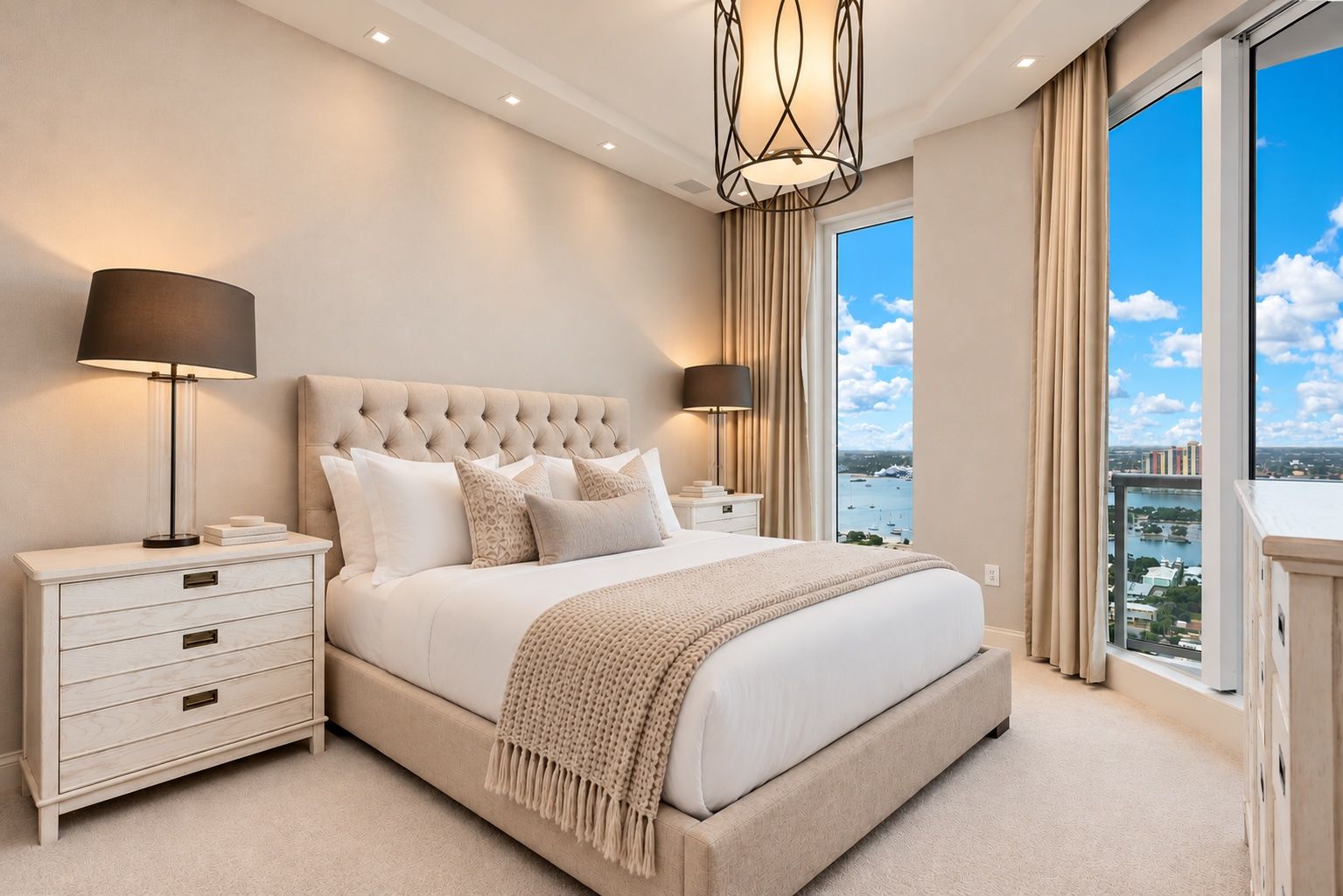 A bedroom with a large bed, two bedside tables, a view of the city, and a modern chandelier.