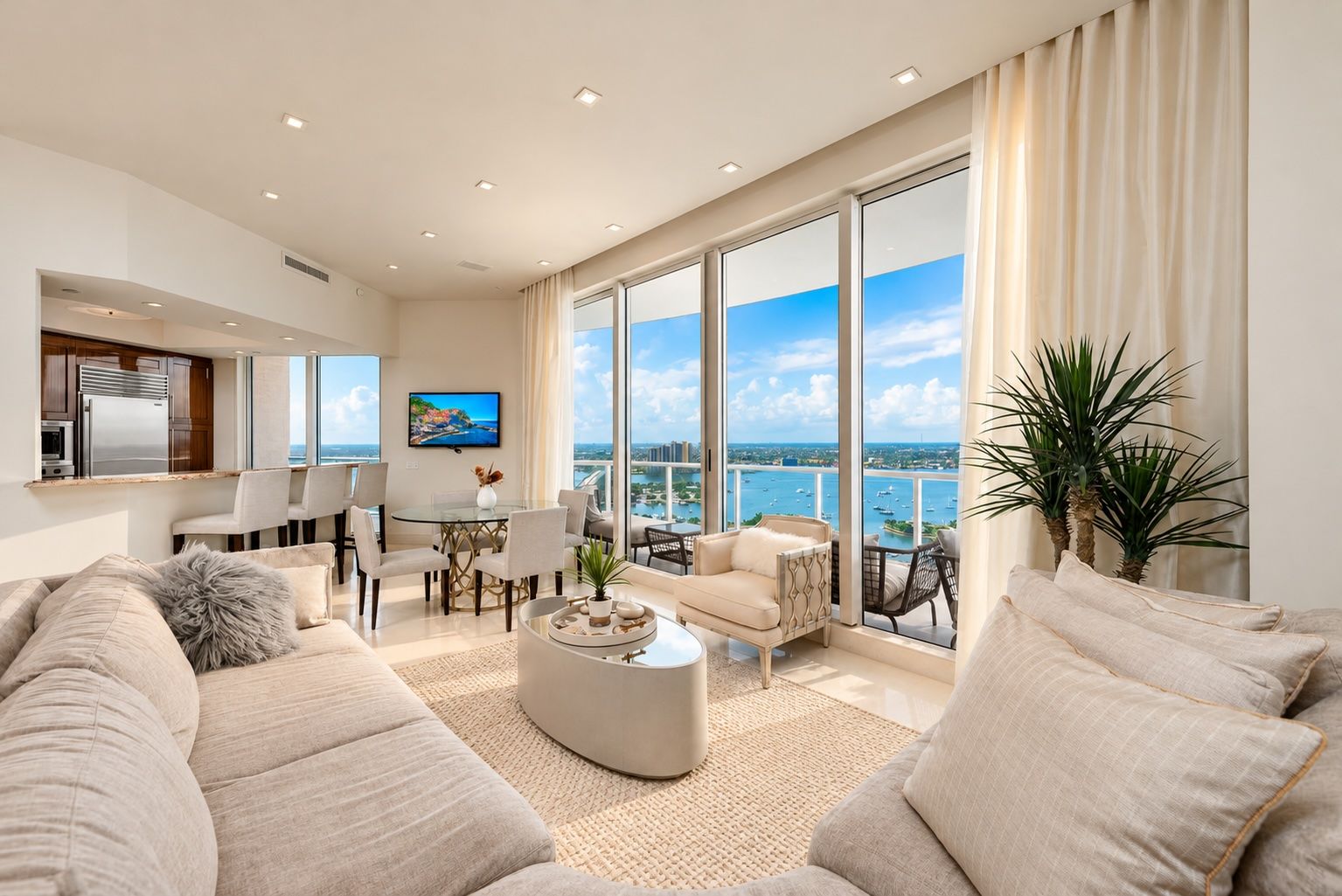 A modern living room with a large sofa, a coffee table, and a dining area. There is a view of the sea through large windows.