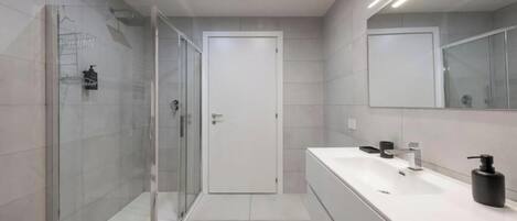 Hair dryer, bidet, towels, soap