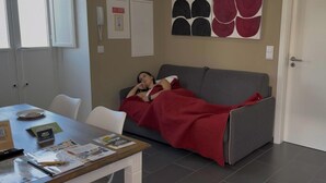 Una habitación con un sofá gris, una mesa de comedor con un plato y folletos, y una pared decorada con una obra de arte en rojo y negro.