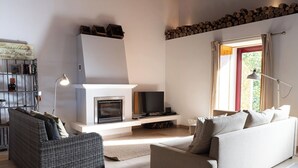 Ein Wohnzimmer mit Kamin, Fernseher, Sofa und Bücherregal.