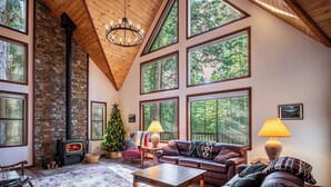 Una sala de estar acogedora con chimenea de piedra, ventanas amplias, un árbol de Navidad y asientos confortables.