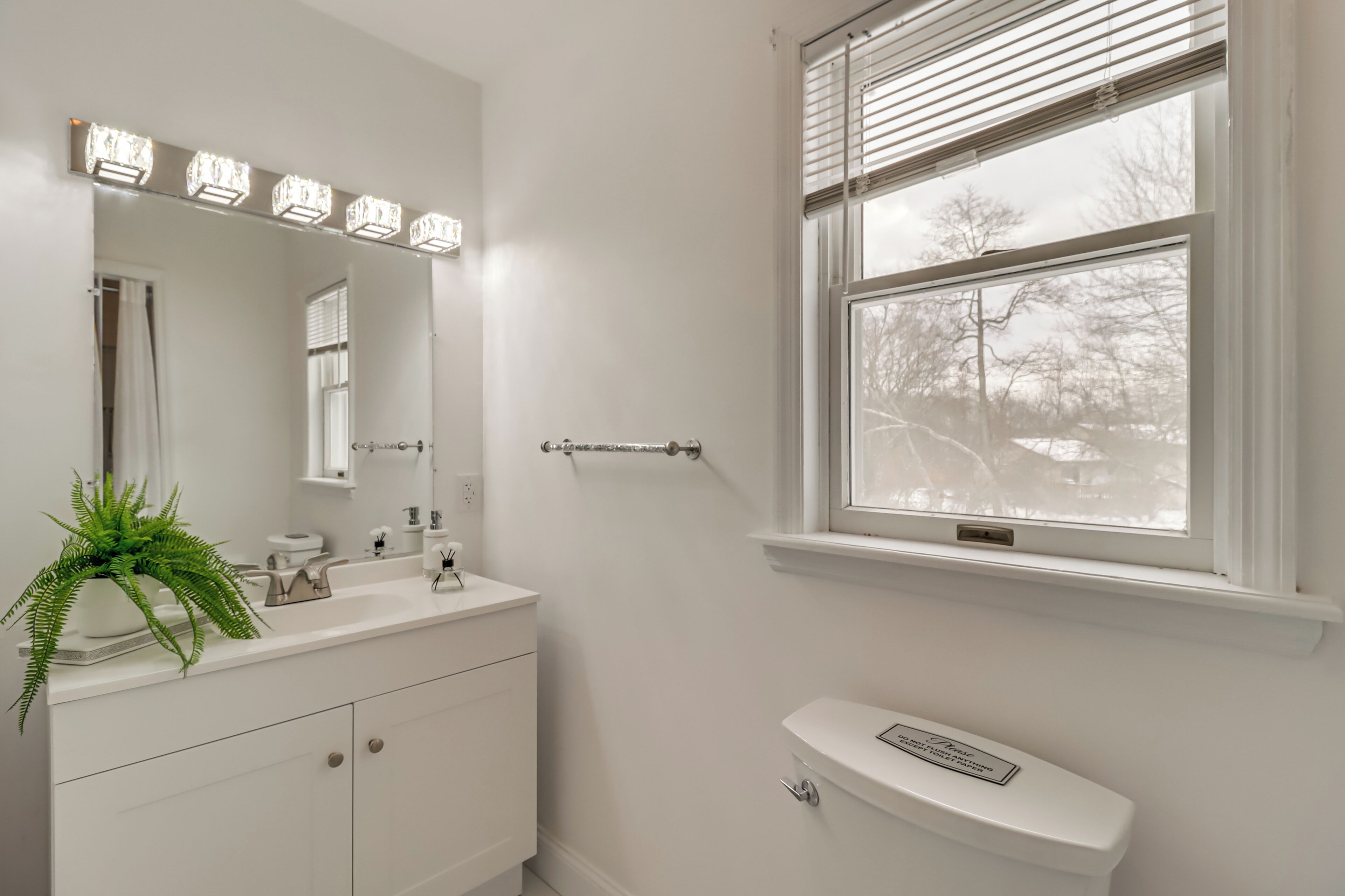 A bathroom with a white vanity, a large mirror, and a window with blinds.