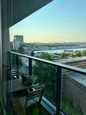 Un balcón con vistas a un río, un puente y edificios industriales.