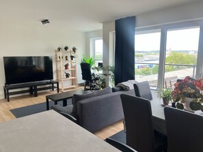 Apartamento, vista para o rio | Área de estar | TV