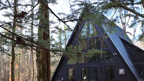 A modern cabin with a triangular roof, surrounded by a forest. - Pocono Lakefront A-Frame Cabin (Pocono Lake)