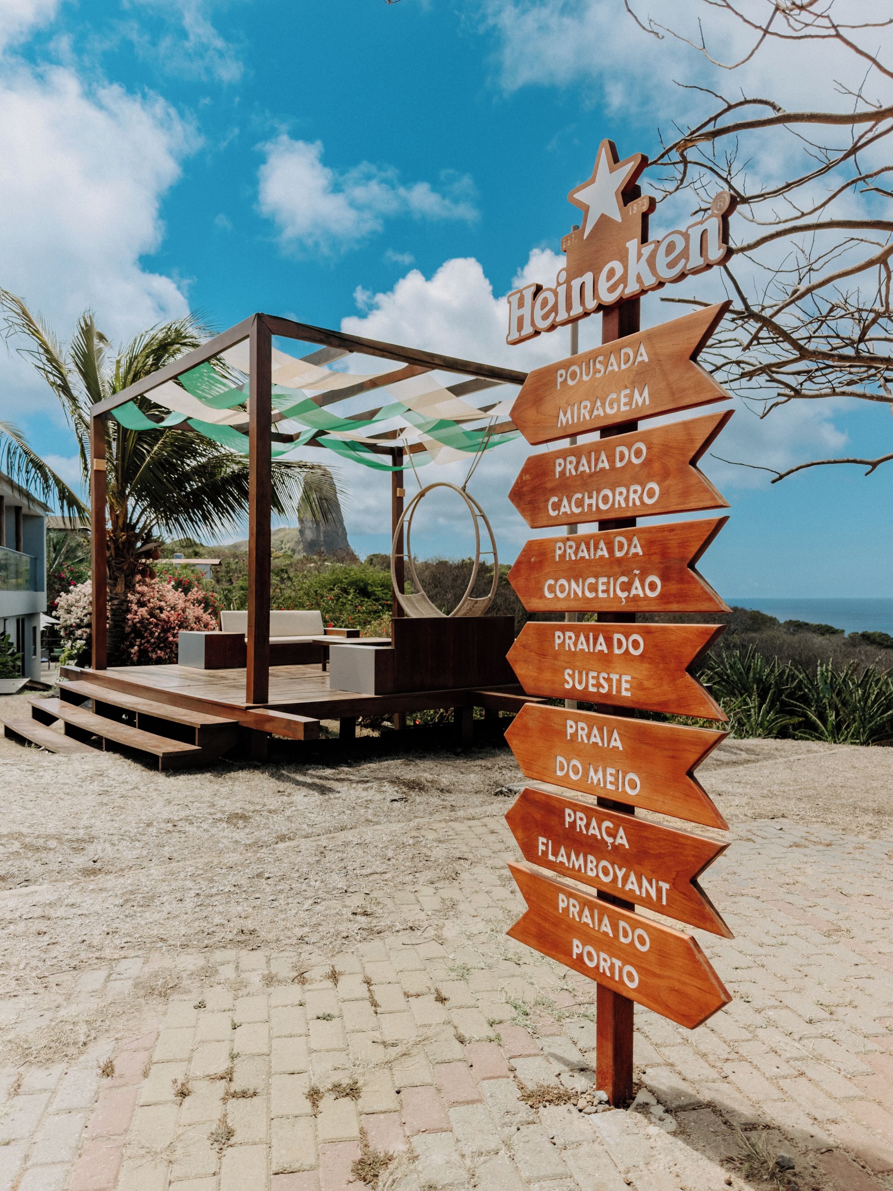 A wooden signpost with multiple directional arrows pointing to various beach names.