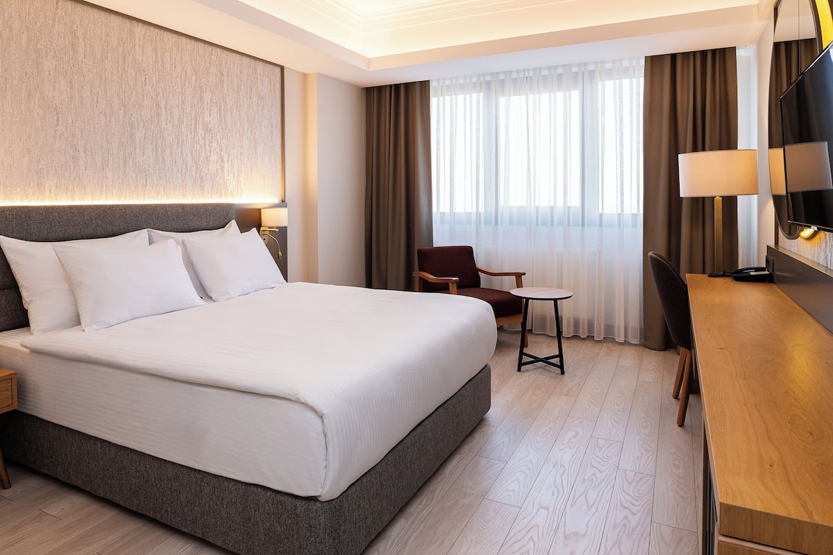 Habitación de hotel con una cama grande, un escritorio, una silla y un televisor.