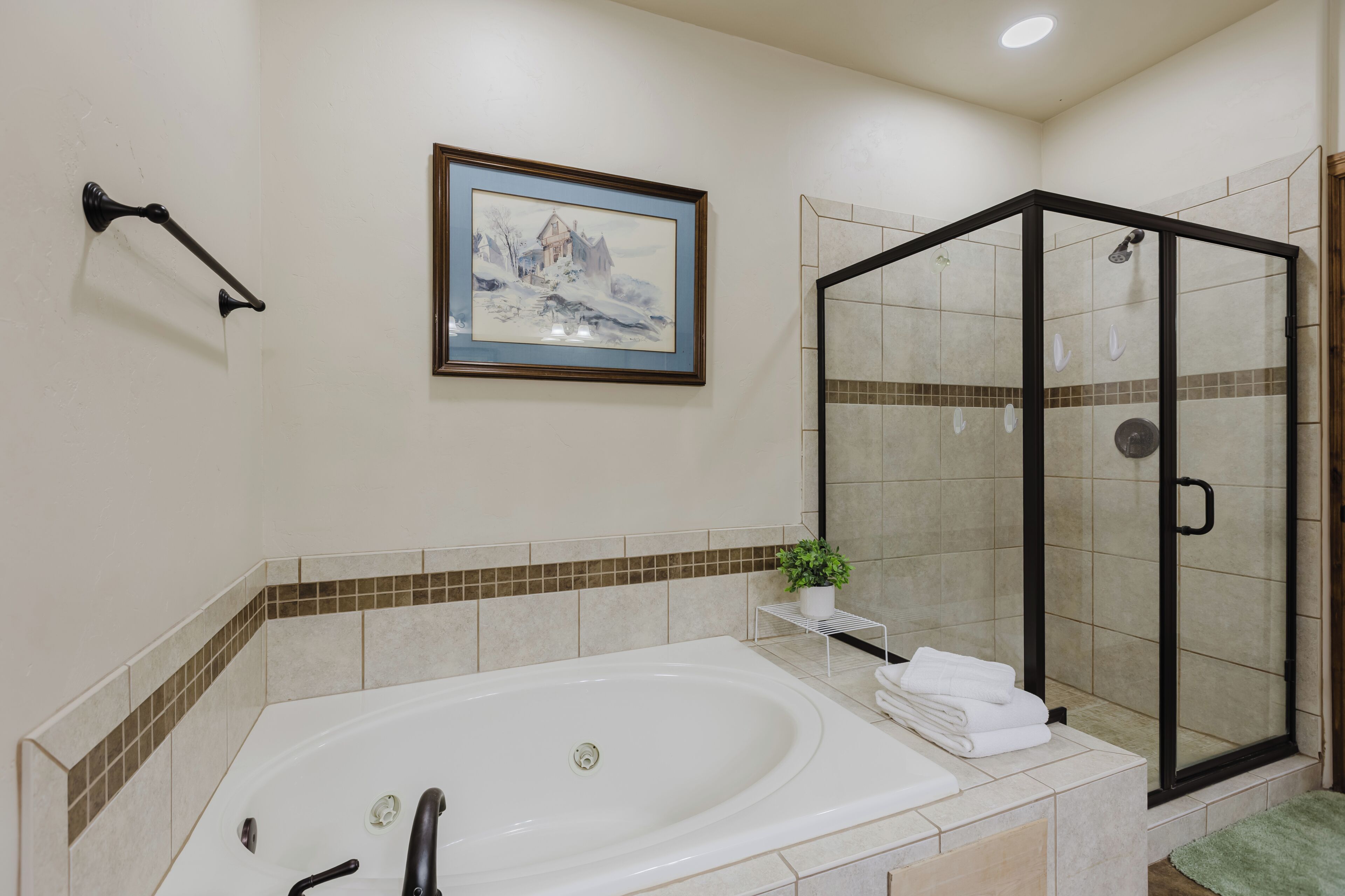Une salle de bain avec une baignoire, un espace de douche vitré, un tableau encadré au mur et un porte-serviettes.