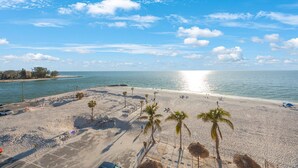 A beach with palm trees, a parking area, and a view of the ocean.
