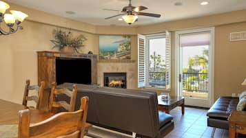 TV connectée, cheminée, livres