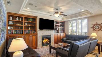 Smart TV, fireplace, books