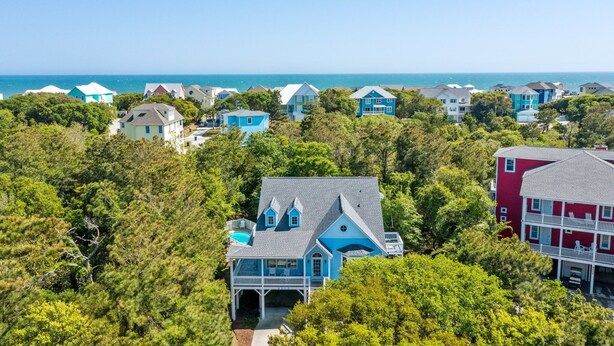 A coastal residential area with houses surrounded by dense greenery and a clear view of the ocean.