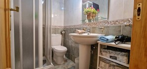 A bathroom with a toilet, a sink, and a shower enclosure.