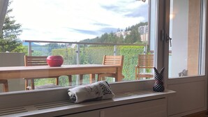 Ein Zimmer mit großem Fenster, einem Holztisch mit Stühlen, einem Heizkörper und einem Kuhfellteppich.