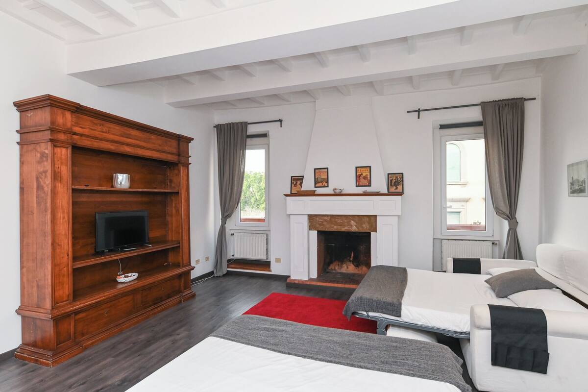 A modern bedroom with a fireplace, a TV on a wooden stand, a sofa, and a red rug.