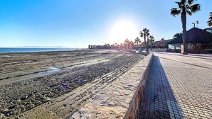 Une plage avec une promenade dallée, des palmiers et une structure surmontée d’un toit de chaume.