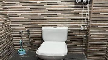 Shower, towels, soap, toilet paper