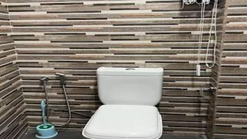 Shower, towels, soap, toilet paper