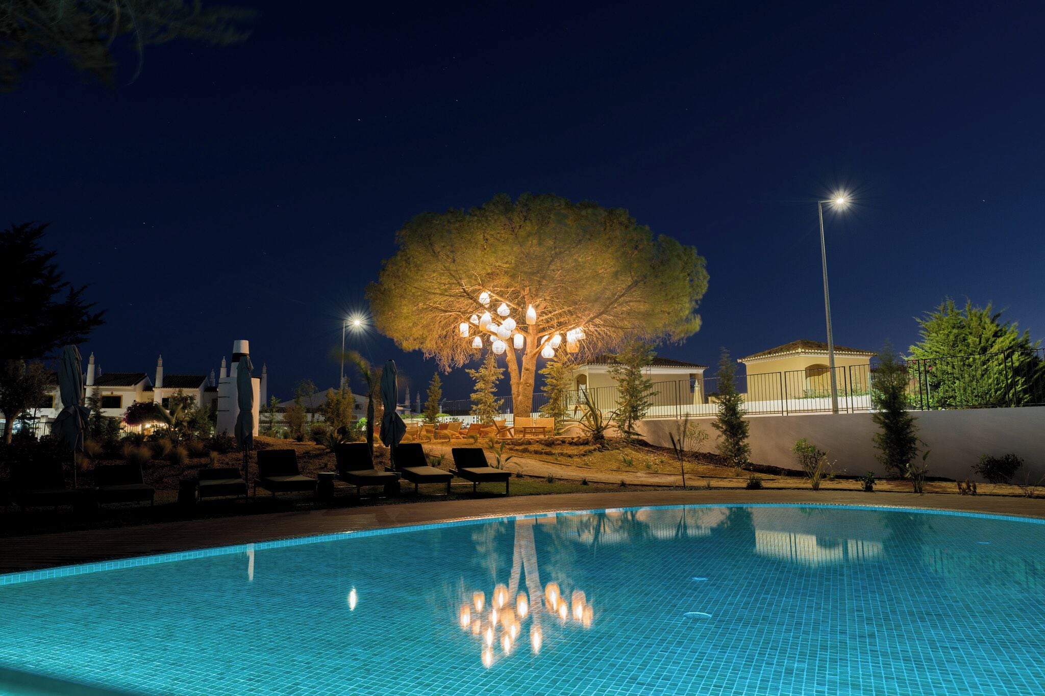 Piscina con sillas de descanso y un árbol iluminado, rodeado de edificios y un cielo nocturno despejado.