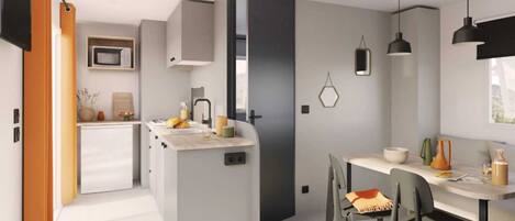 Fridge, microwave, stovetop