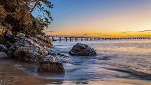 A rocky shoreline with a pier extending into the water.