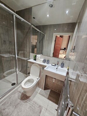 Dusche, Haartrockner, Handtücher, Seife
