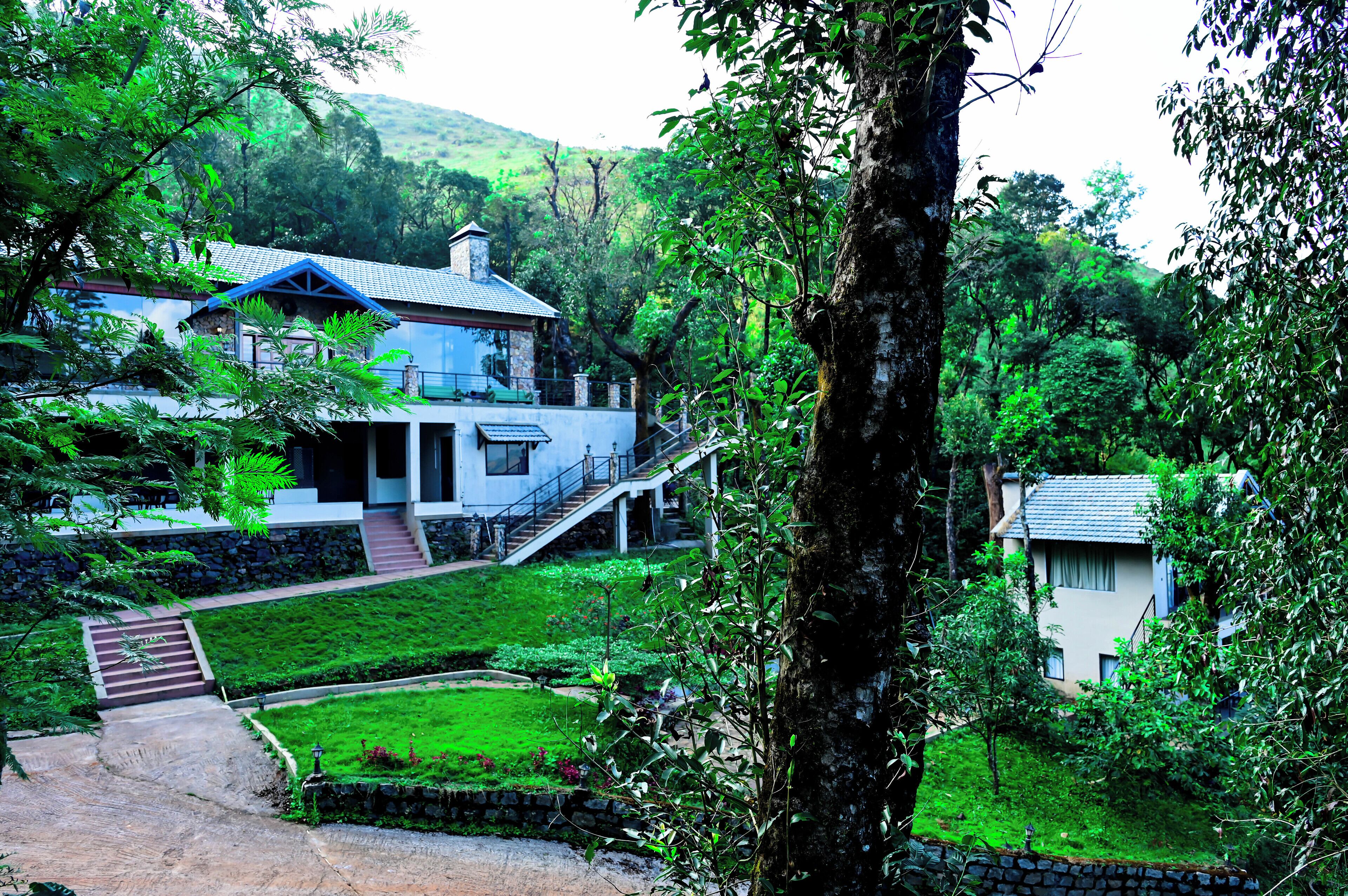 A house with a staircase leading to a balcony, surrounded by lush greenery and a well-maintained garden.