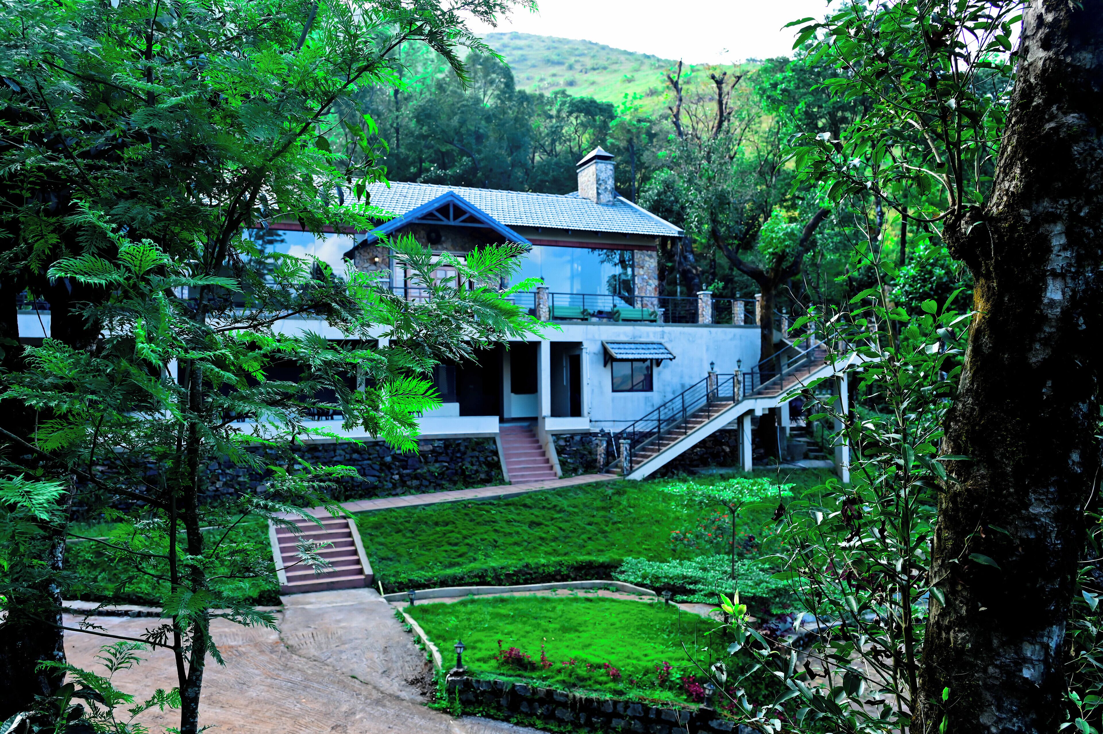 Una casa con una escalera que conduce a un balcón, rodeada de exuberante vegetación y un césped cuidado.