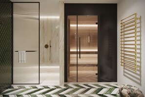 Room (Wellness) | Bathroom | Shower, rainfall showerhead, designer toiletries, hair dryer - The Goethe Hotel - Small Luxury Hotels of the World (Rome)