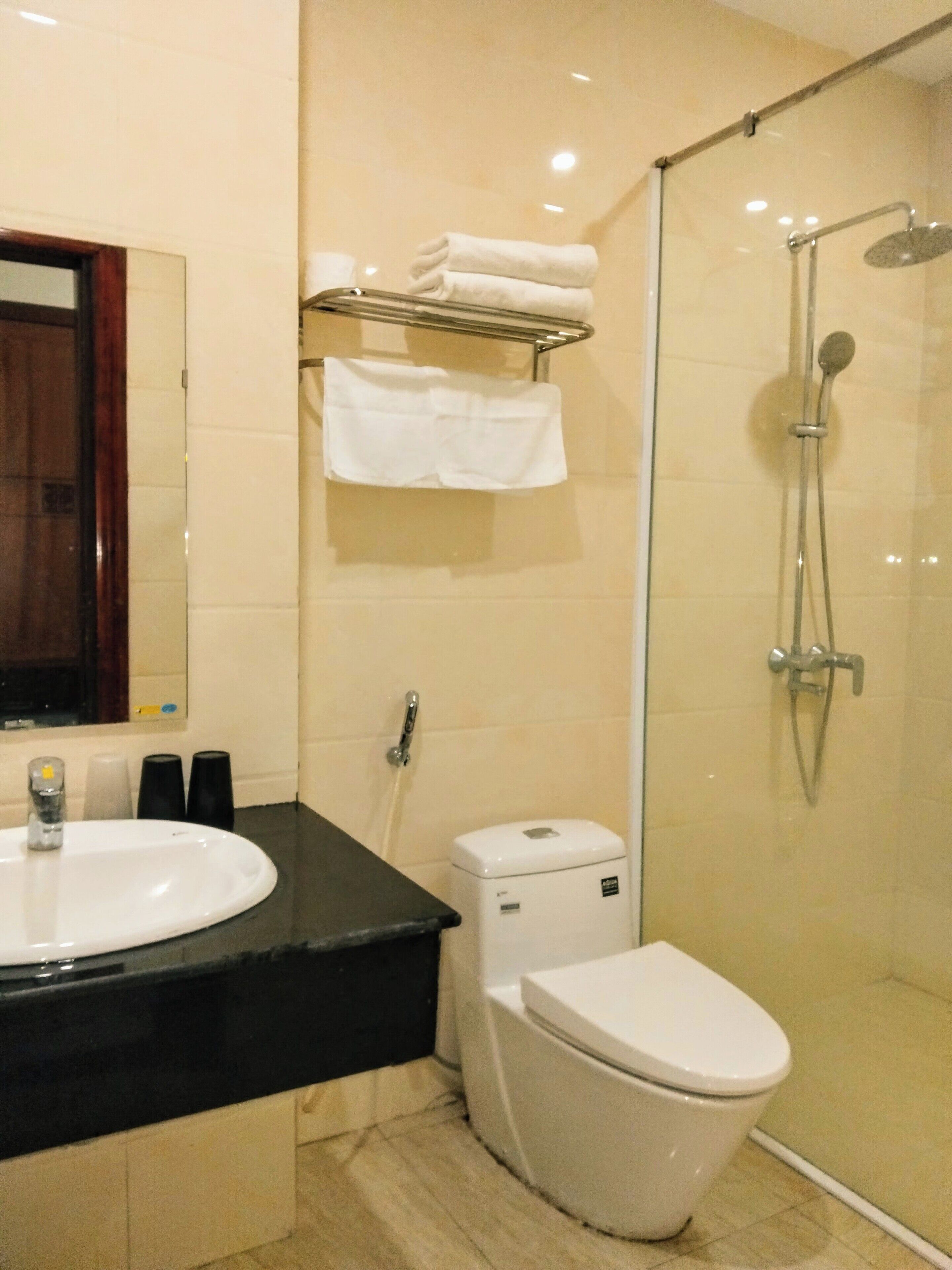 Une salle de bain avec un lavabo, des toilettes et une douche.