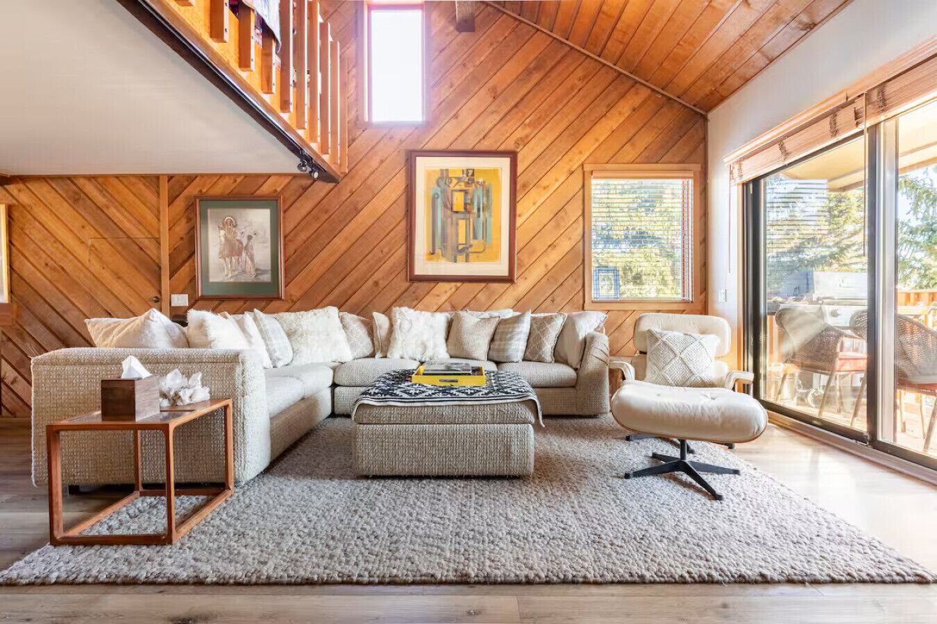 Smart TV, fireplace, books, stereo