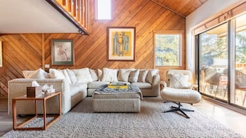 Smart TV, fireplace, books, stereo