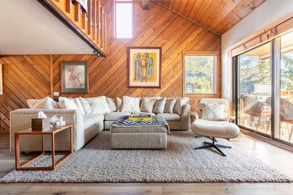 Smart TV, fireplace, books, stereo