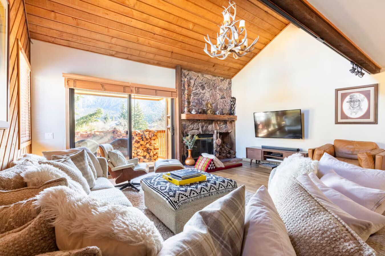 Smart TV, fireplace, books, stereo