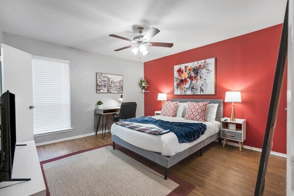 1 bedroom, desk, iron/ironing board, travel cot