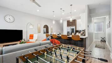 Smart TV, foosball, books, offices