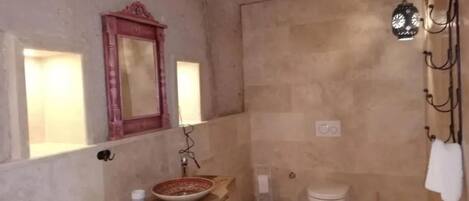 Shower, hair dryer, soap