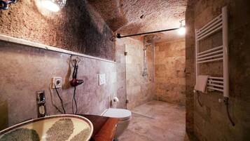 Douche, serviettes fournies, papier toilette